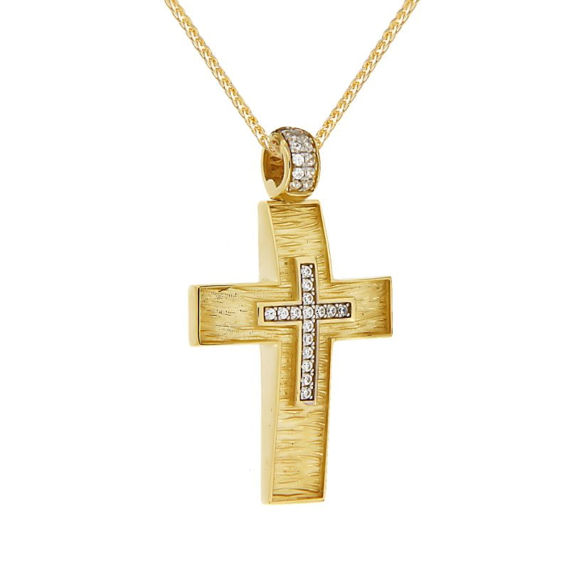 Χρυσός γυναικείος σταυρός σκαλιστός με ζιργκόν