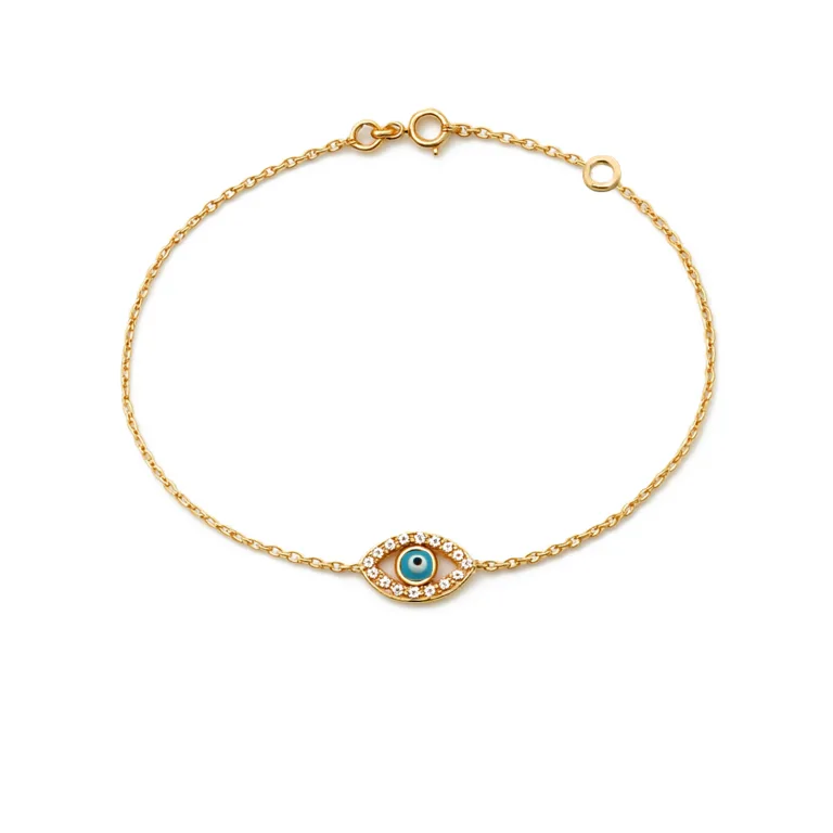 Χρυσό βραχιόλι με ματάκι και λευκά ζιργκόν