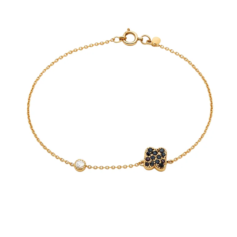 Χρυσό βραχιόλι με μαύρο τετράφυλλο και ζιργκόν