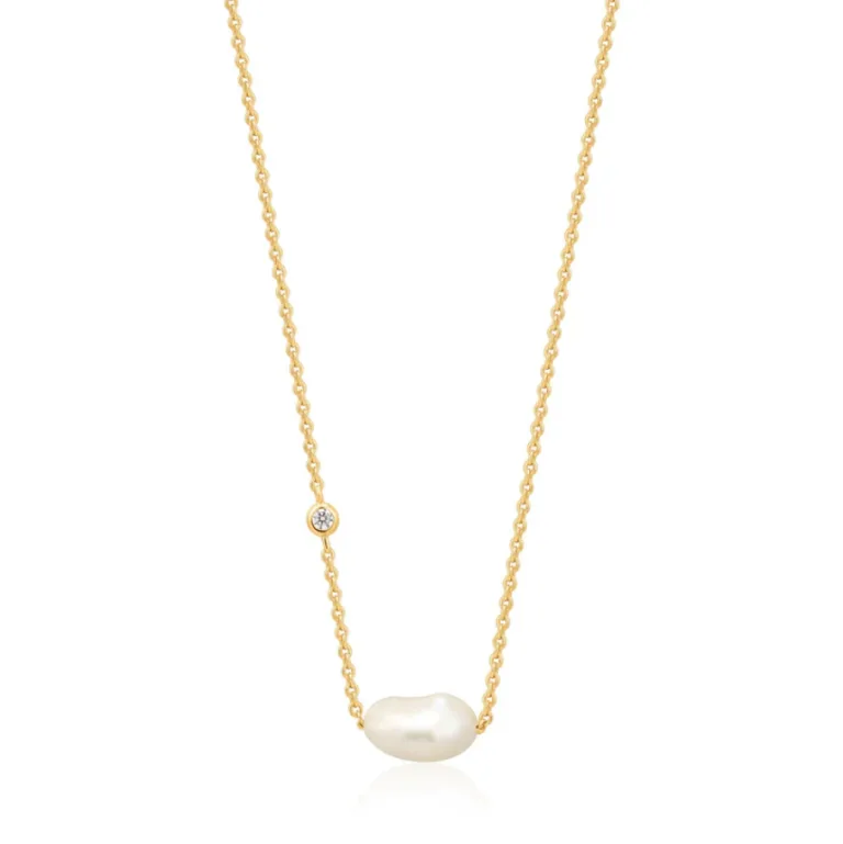 Ασημένιο επιχρυσωμένο κολιέ ANIA HAIE με πέτρες ζιργκόν και μαργαριτάρι N019-02G