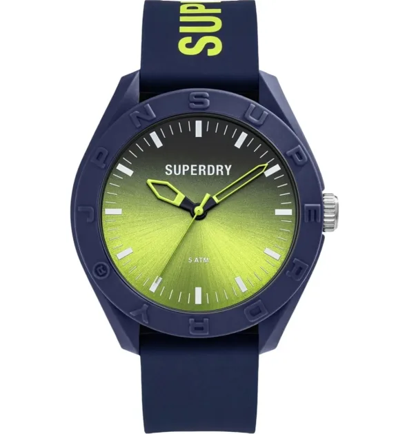 Ανδρικό ρολόι Superdry με μπλε λουράκι και καντράν με πράσινες λεπτομέρειες.